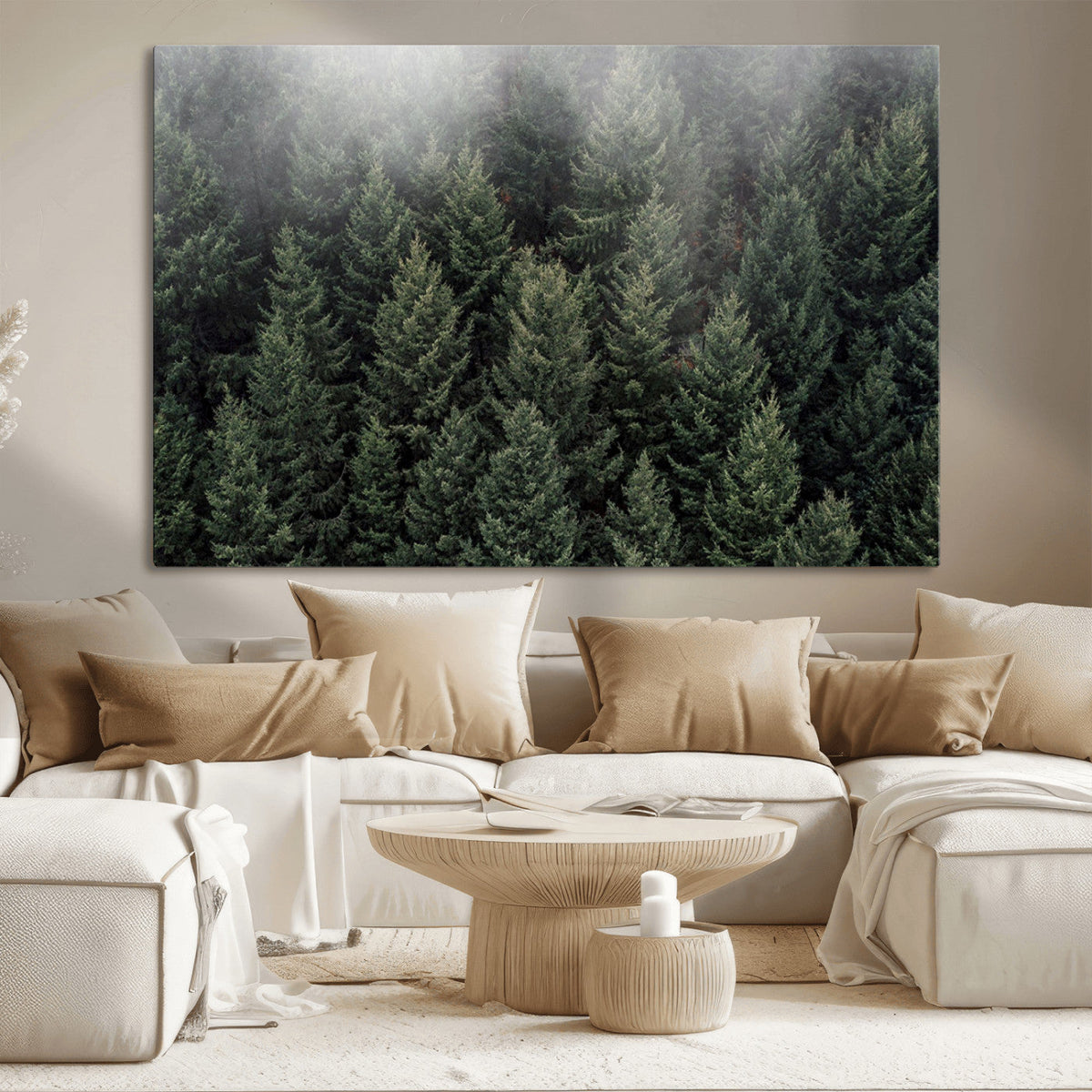 Misty Pine Forest Wall Art Canvas Print, Lush Green Trees Surrounded by Gentle Fog