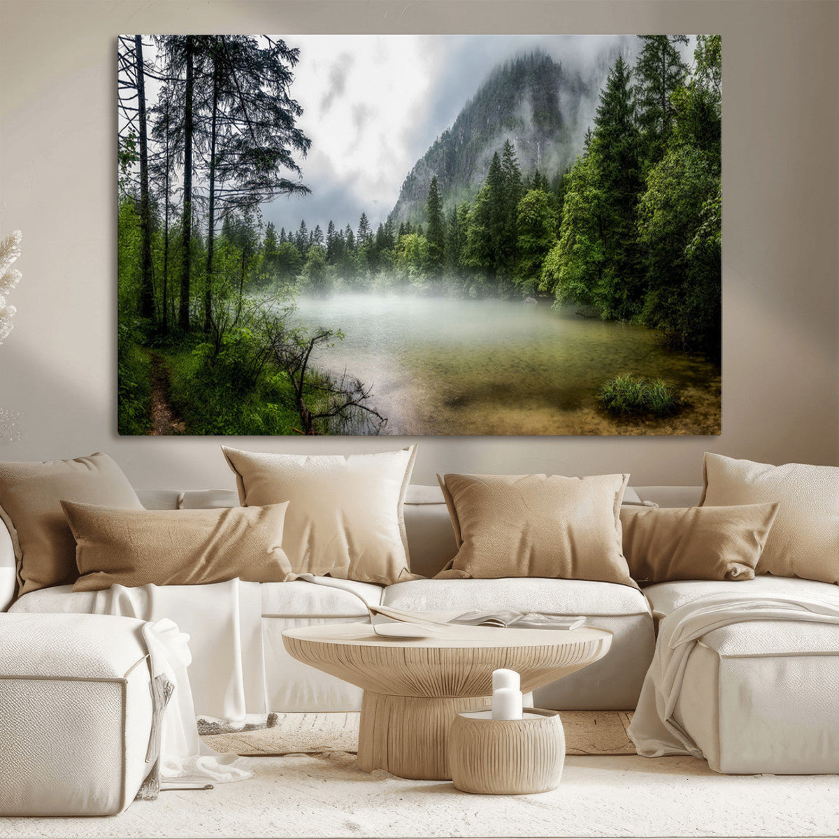 Misty Lake Forest Wall Art, Green Trees and Calm Water Reflection, Mountain Fog Landscape Canvas