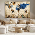 World Map Canvas Print | Vintage Blue and Gold World Map Wall Art