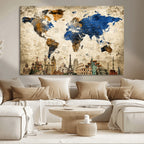 World Map Canvas Print | Vintage Blue and Gold World Map Wall Art