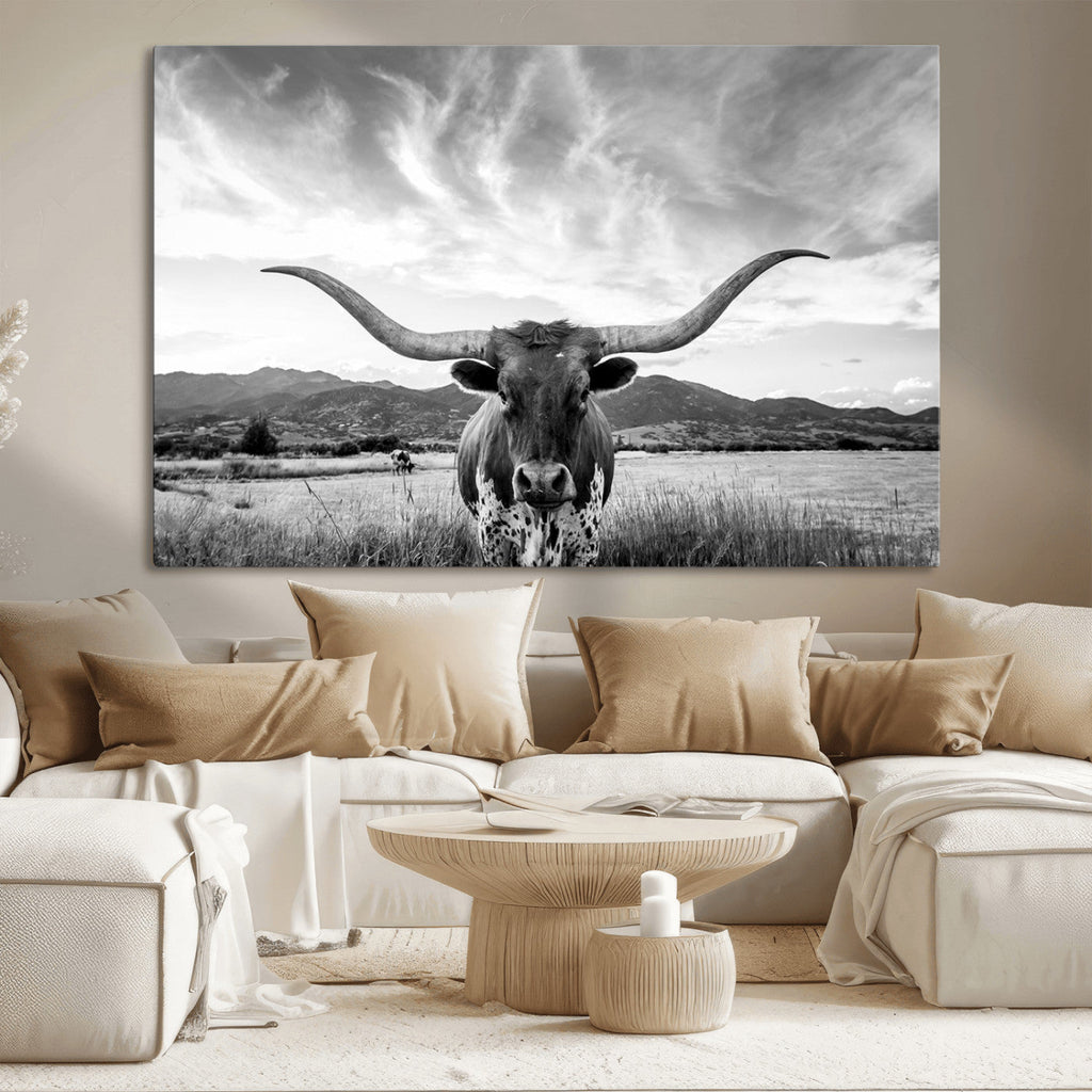 Longhorn Black and White Wall Art | Rustic Western Bull Canvas Print