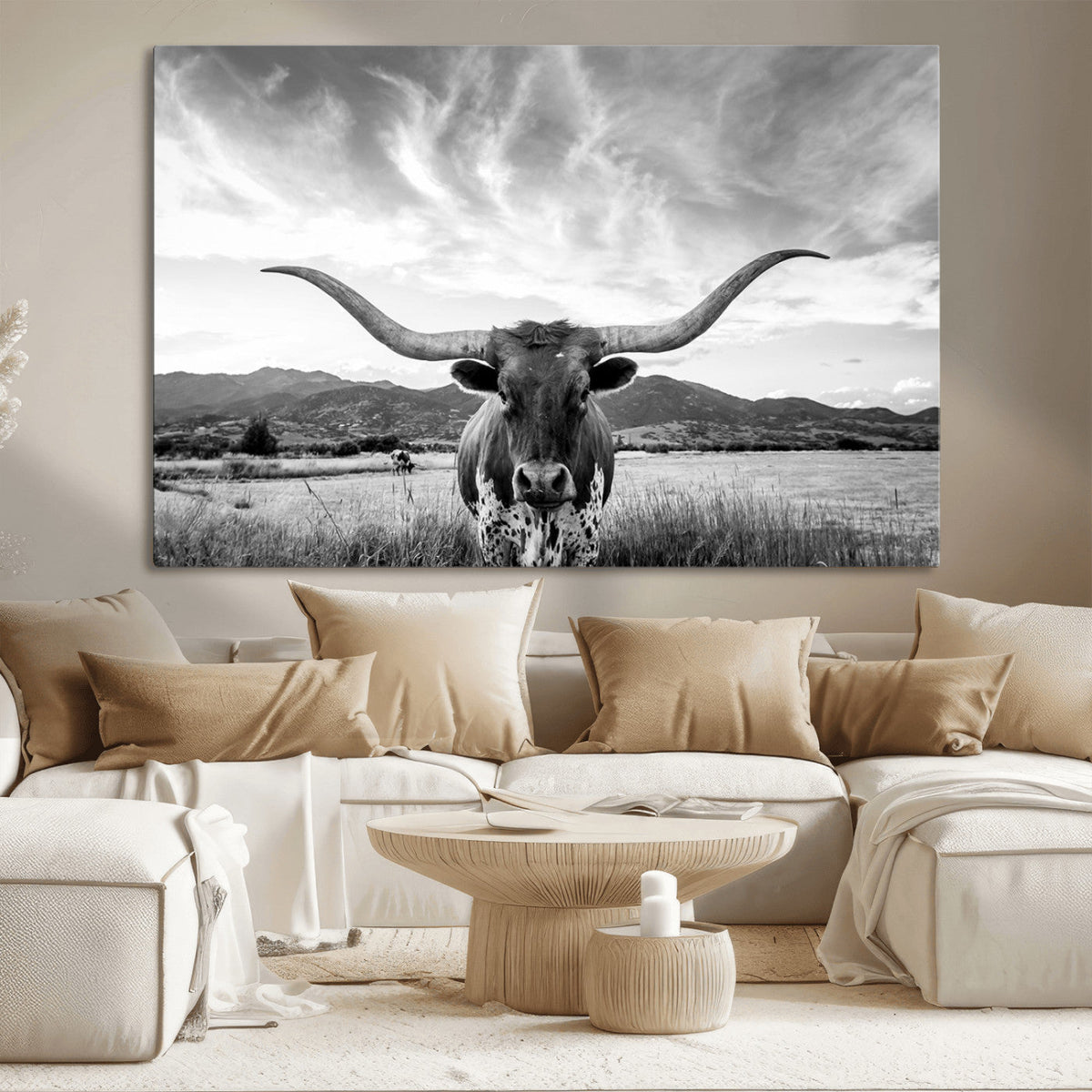 Longhorn Black and White Wall Art | Rustic Western Bull Canvas Print