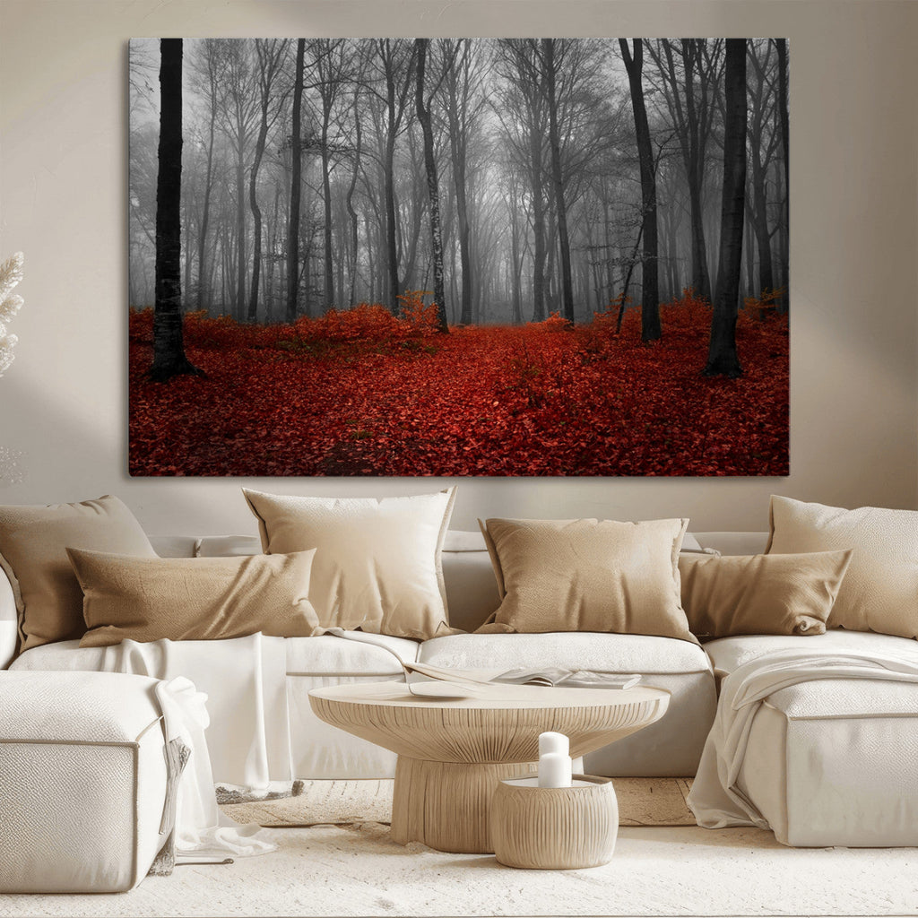 Red Forest Floor Canvas Wall Art | Mystical Foggy Woodland Triptych
