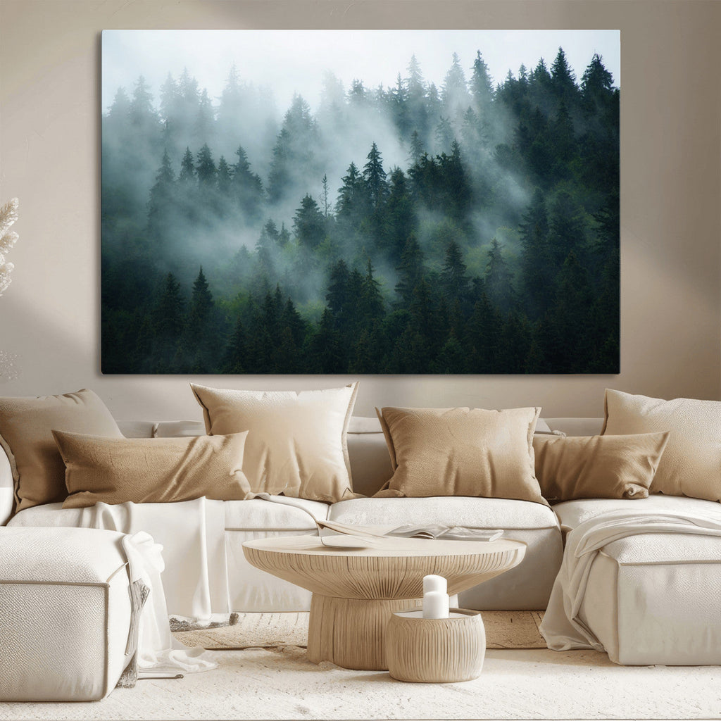Misty Forest Wall Art | Serene Green Landscape Canvas Print