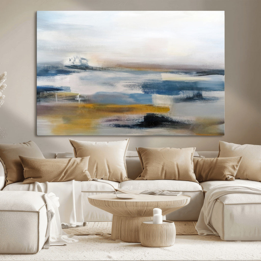 Abstract Landscape Wall Art Canvas | 3 Panel Modern Blue, Gold and White Canvas Art