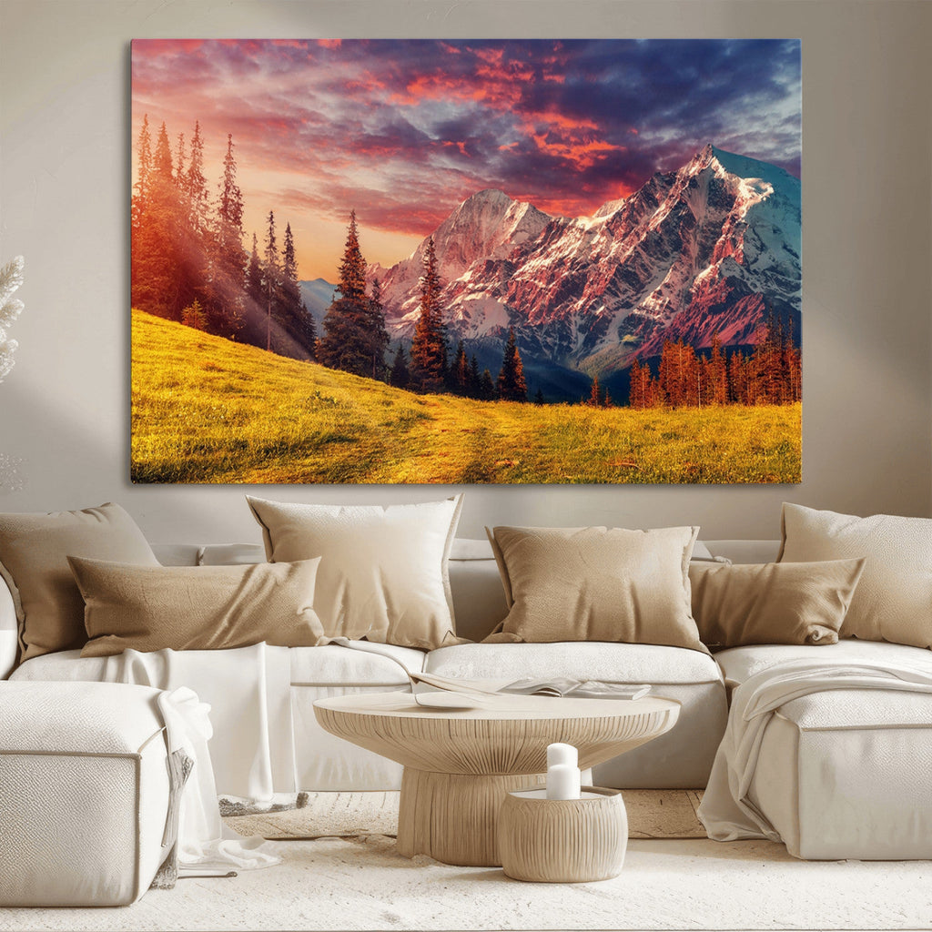 Mountain and Daylight Red Sunset Wall Art Canvas Print