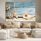 Seashells on Rustic Wooden Background, Seashells Wall Art