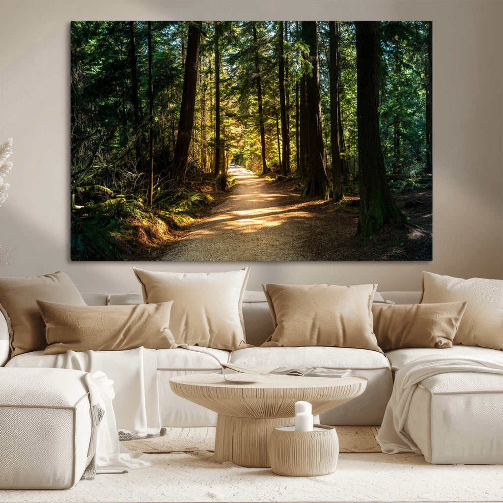 Sunlit Forest Pathway Canvas Print | 3 Panel Large Nature Wall Art