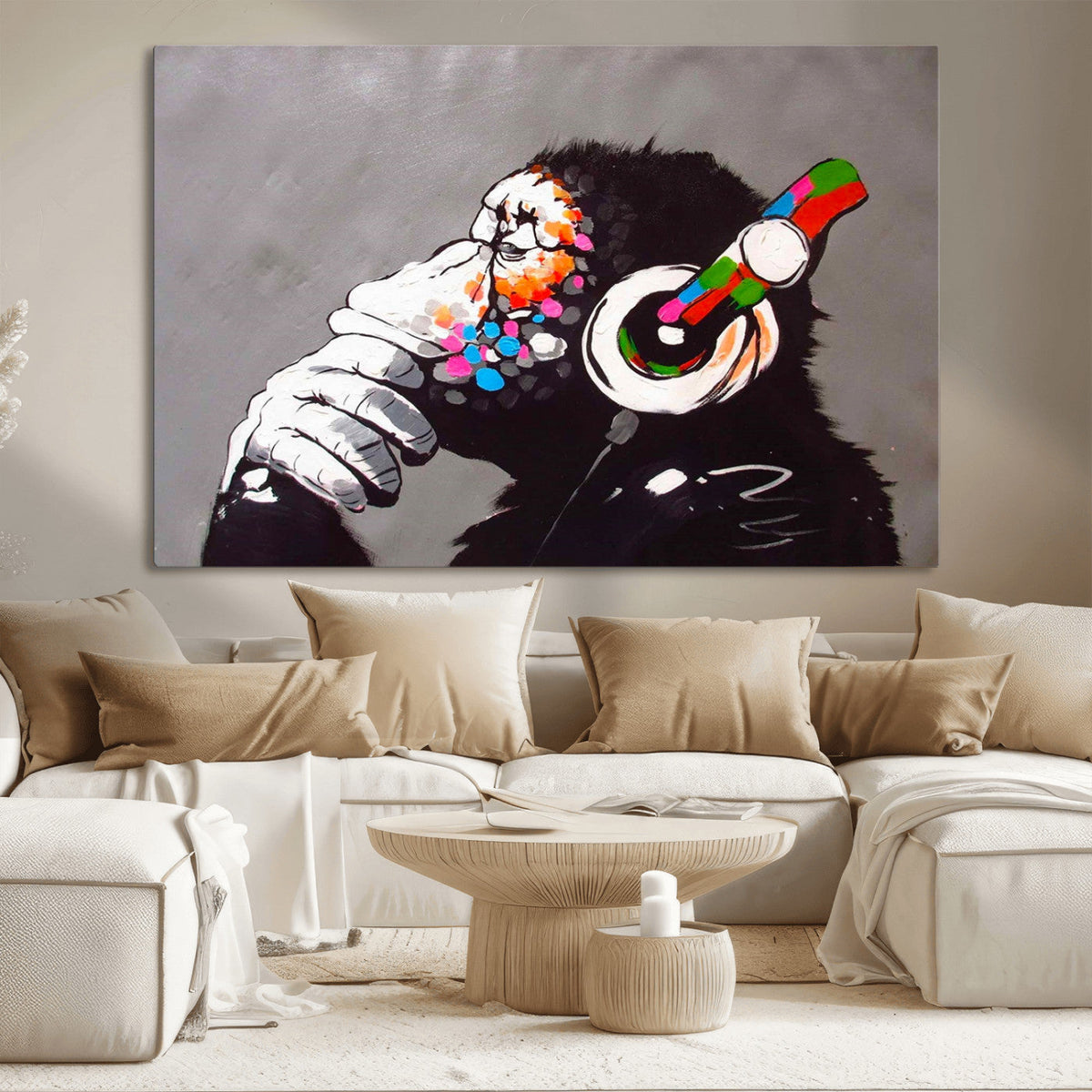DJ Monkey Listening to Music Wall Art Print | Banksy Monkey Large Canvas Print