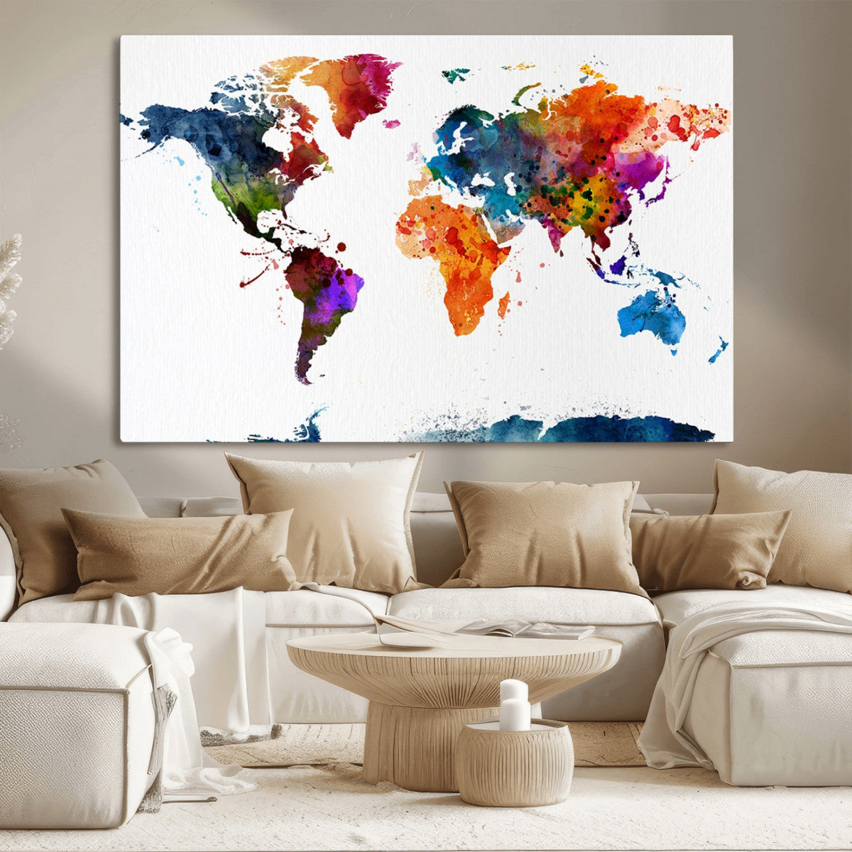 Bold Colorful World Map Canvas Print | Detailed Map of the World Wall Art