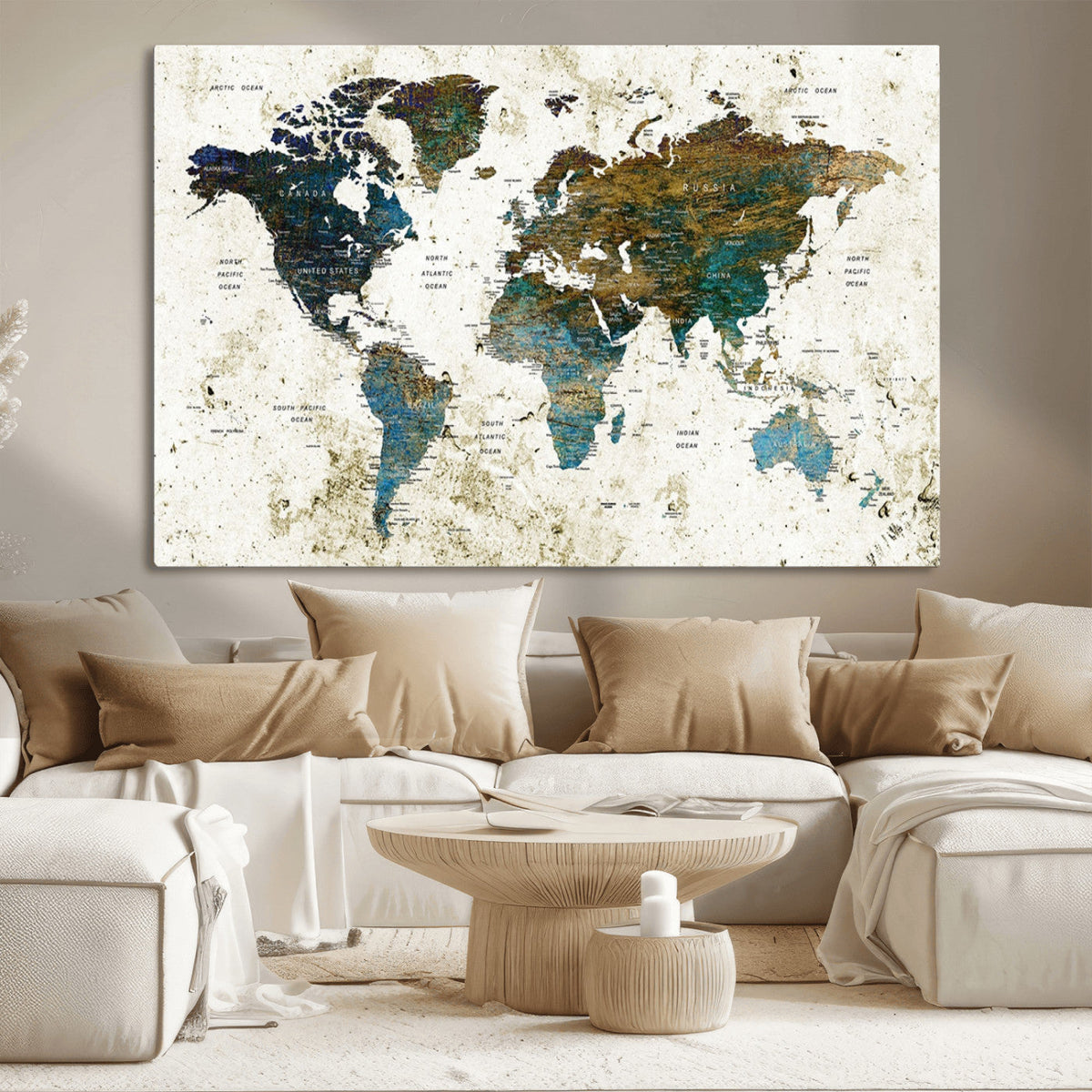 Vintage World Map Wall Art Canvas Print, Framed Rustic Earth Tone Map