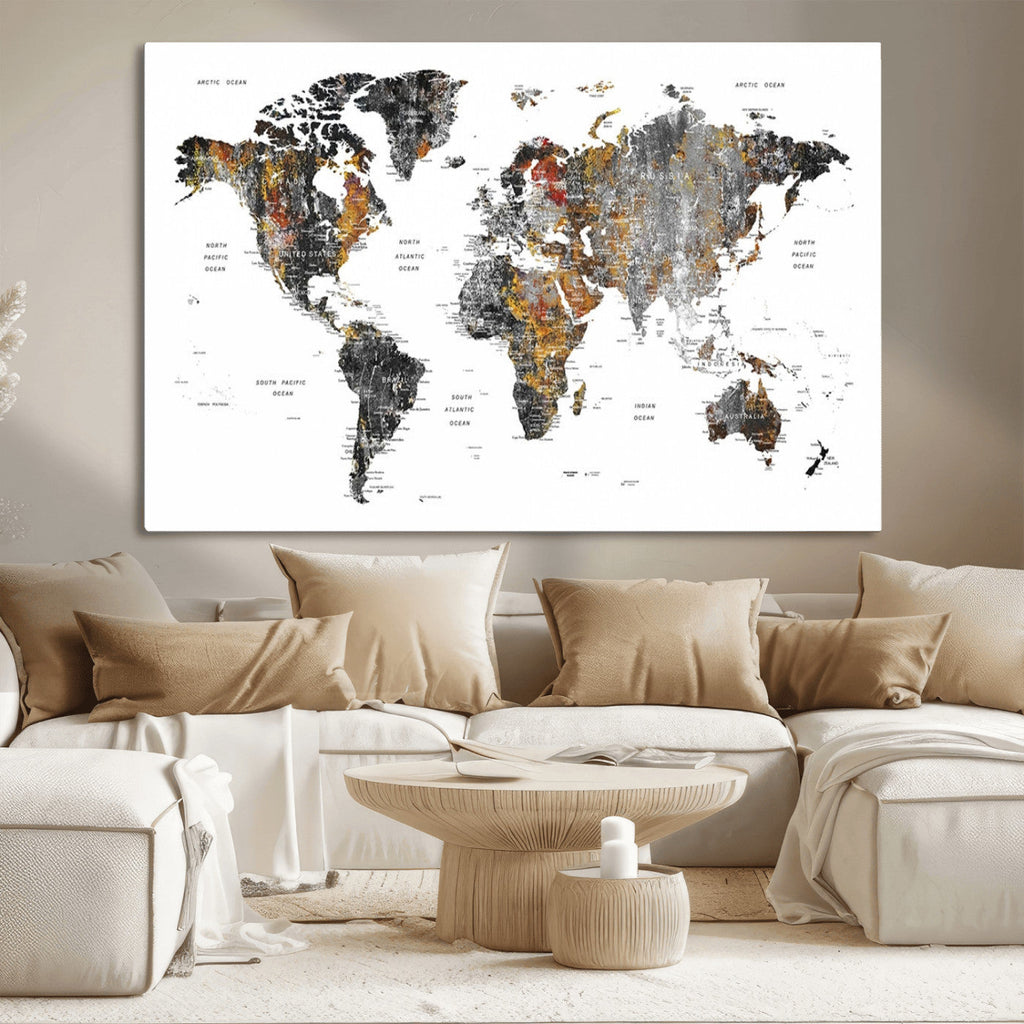 Modern Metallic World Map Canvas Wall Art | Framed Contemporary World Map Print