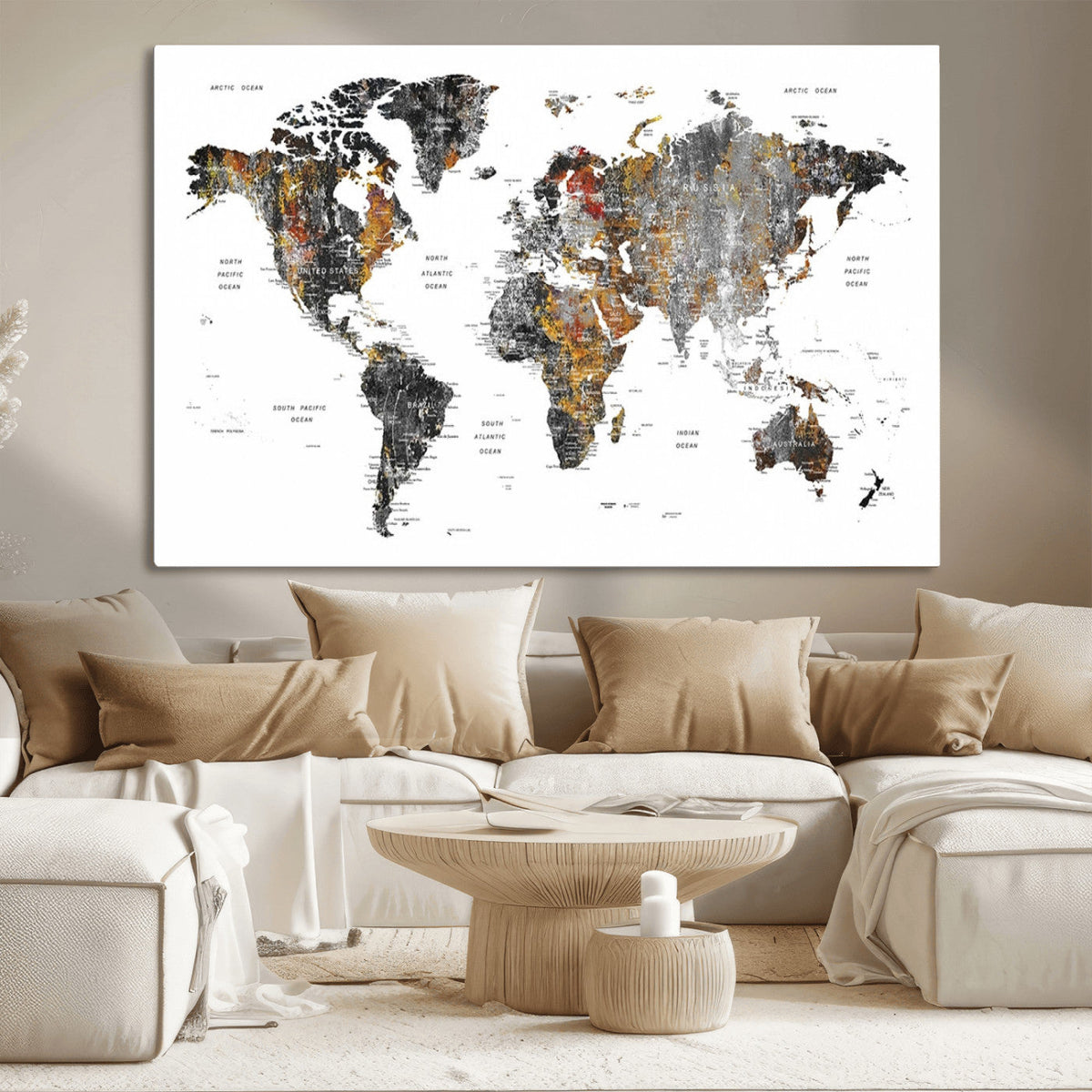 Modern Metallic World Map Canvas Wall Art | Framed Contemporary World Map Print