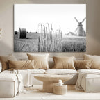 Vintage Farmhouse Black and White Triptych Wall Art, Giclee Canvas with Wheat Fields, Hay Bales and Windmill