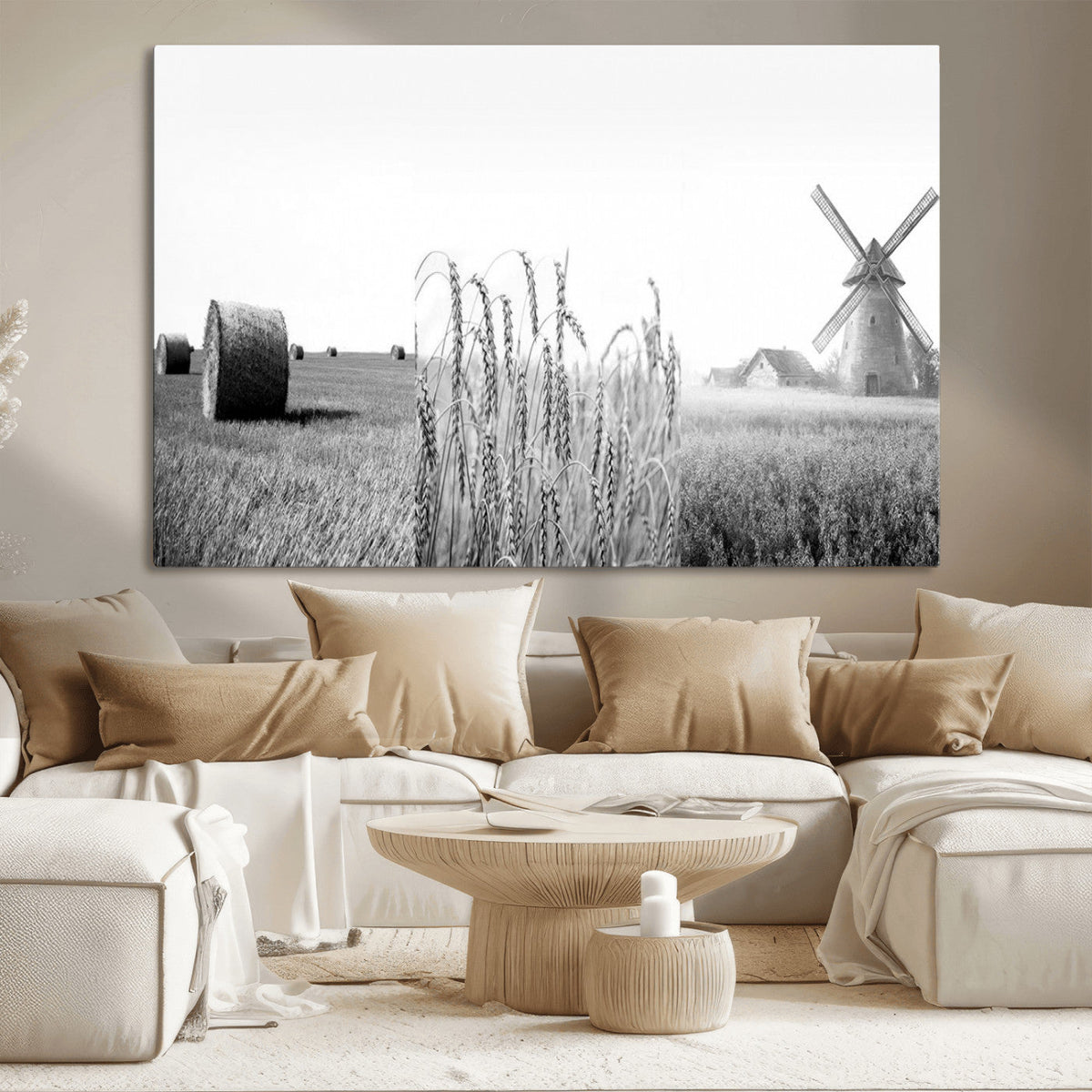 Vintage Farmhouse Black and White Triptych Wall Art, Giclee Canvas with Wheat Fields, Hay Bales and Windmill