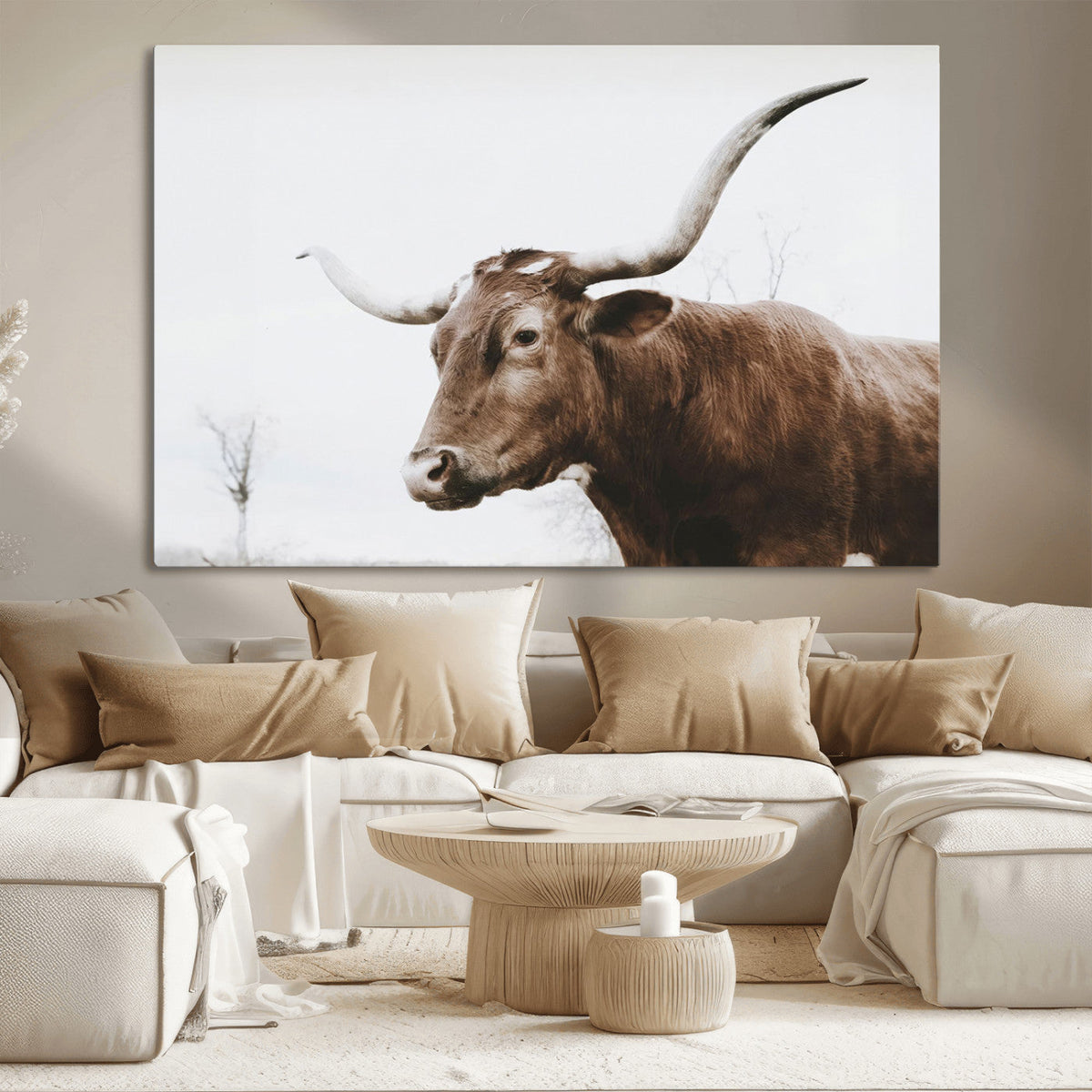 Rustic Bull Wall Art Canvas Print, Modern Longhorn Farmhouse Animal Decor