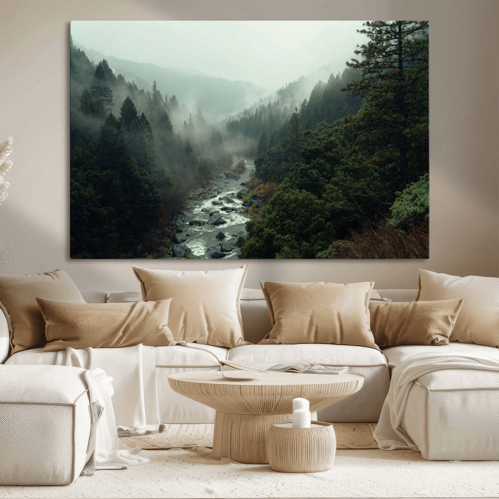 Misty Forest Wall Art, Tranquil Nature Landscape, Ready to Hang | Extra Large 3 Piece Canvas Wall Art