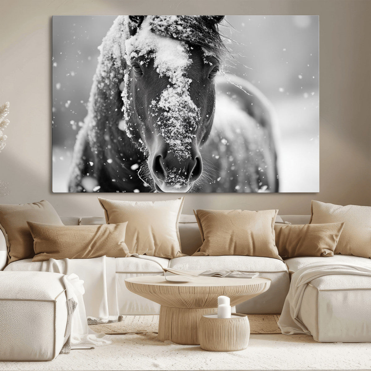 Black and White Horse Winter Wall Art, Ready to Hang
