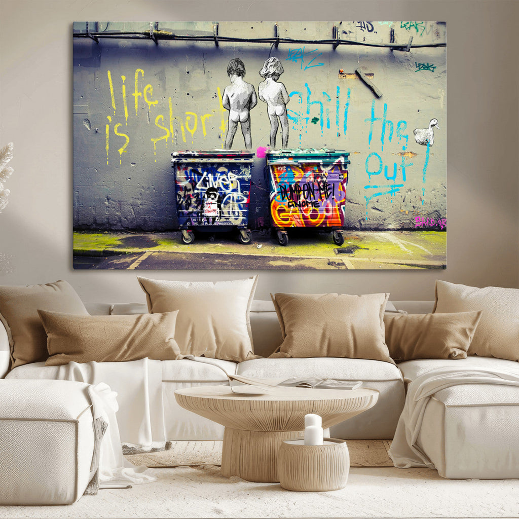 Banksy Life is Short Wall Art, Iconic Graffiti Street Art Canvas Print