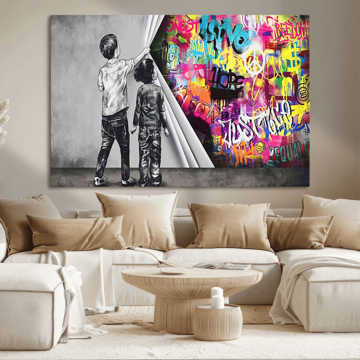Banksy Print, Street Art Canvas Wall Art, Kids Revealing Graffiti, Urban Modern Decor