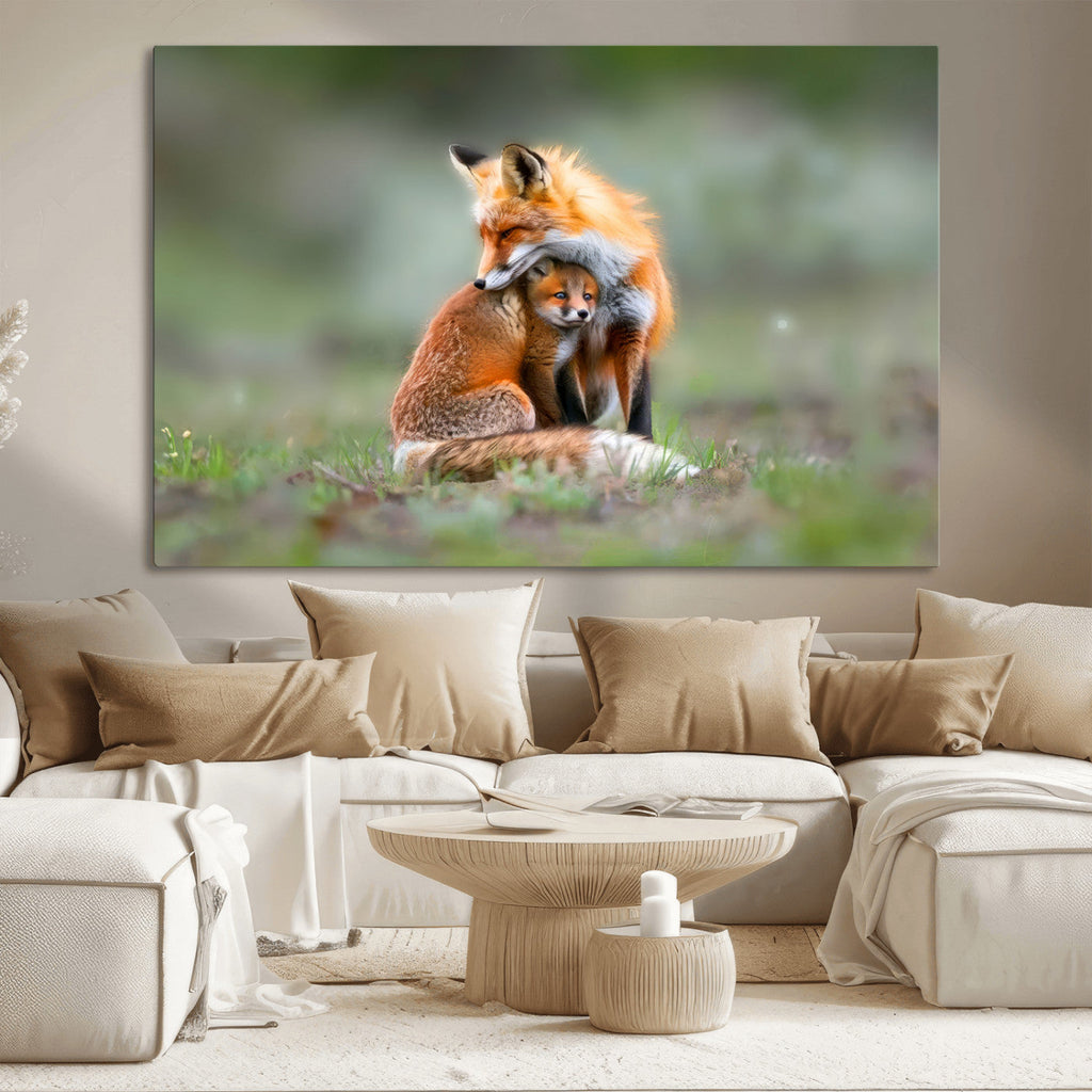 Heartwarming Fox and Baby Cub Wall Art | Canvas Print of Foxes in Nature