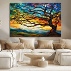 Vibrant Mosaic Tree of Life Wall Art, Stained Glass Style Canvas Print