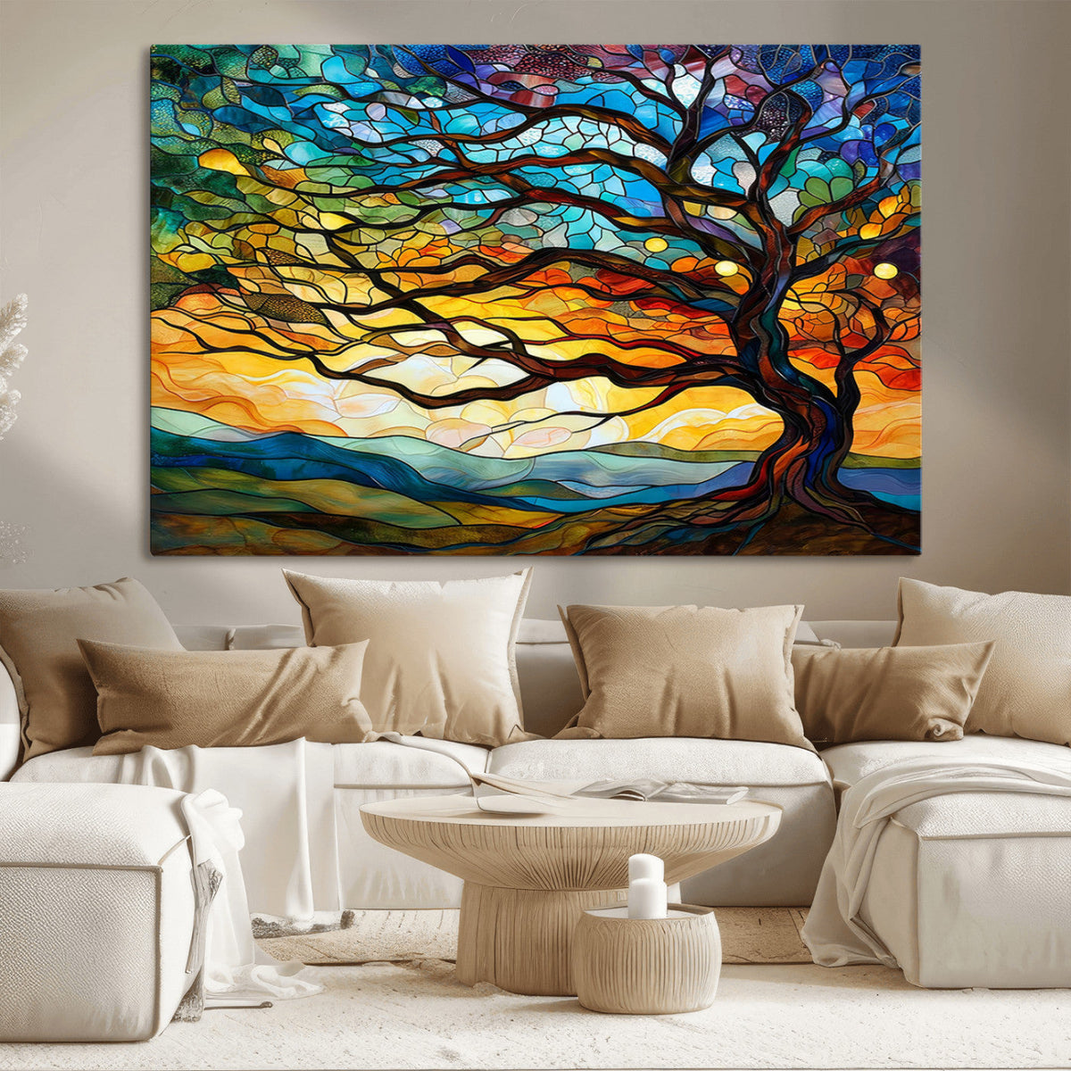 Vibrant Mosaic Tree of Life Wall Art, Stained Glass Style Canvas Print