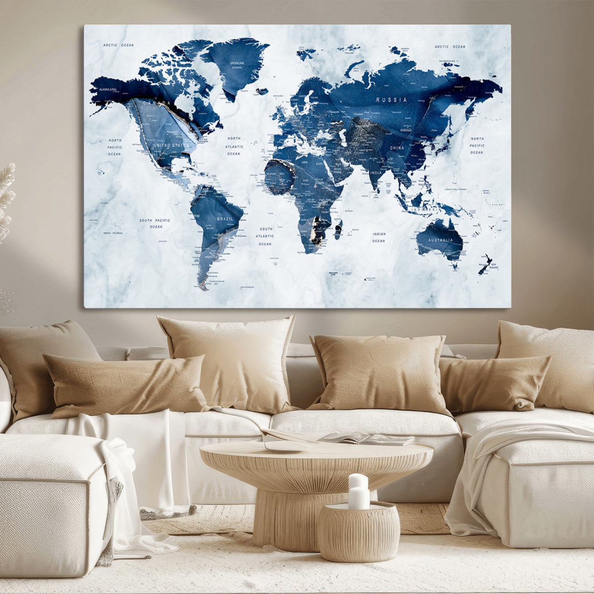 Modern Blue World Map Canvas Print | Elegant Travel Map Wall Art for Home Office