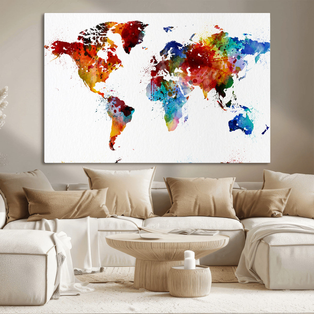 Colorful World Map Canvas Wall Art Print, Contemporary Global Map Artwork