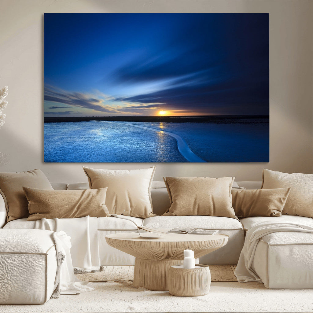 Blue Sunset Ocean Canvas Wall Art Print | Serene Coastal Horizon