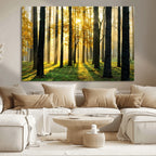 Sunlit Forest Wall Art Canvas Print, Large Framed Woodland Scene with Golden Light