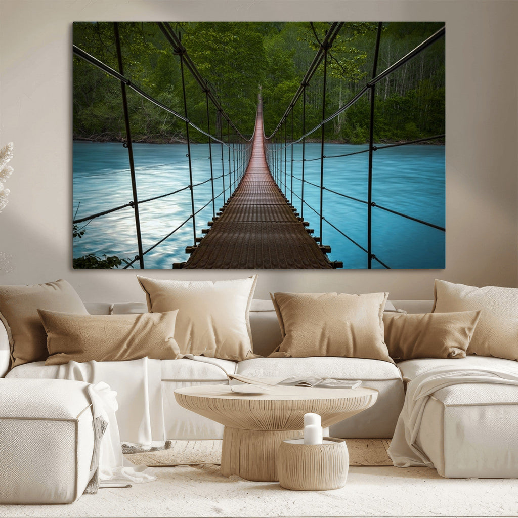 Suspension Bridge Over River Canvas Art | 3-Panel Nature Wall Art