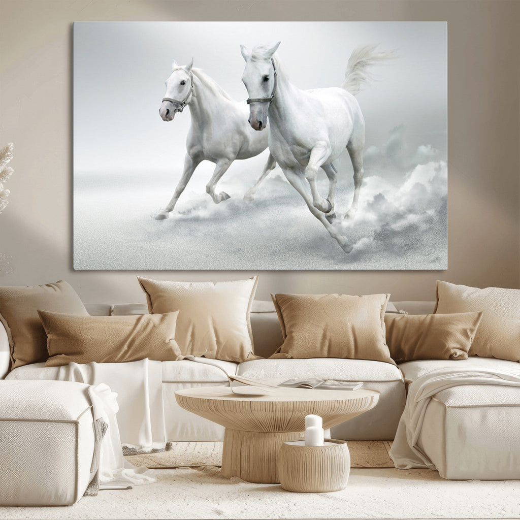 Large Wall Art Canvas Print, Beautiful Running White Horses
