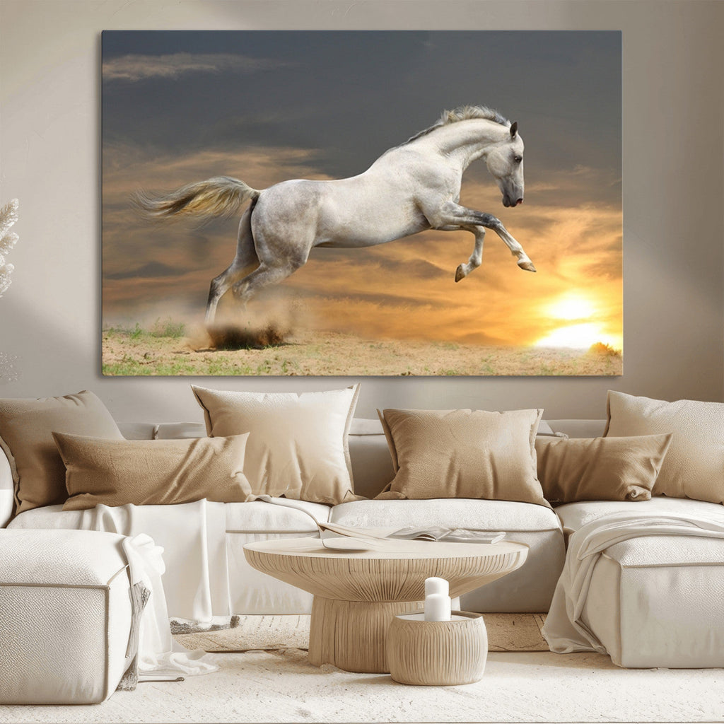 Large Wall Art Canvas Print, White Jumping Horse at Sunset