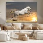Large Wall Art Canvas Print, White Jumping Horse at Sunset