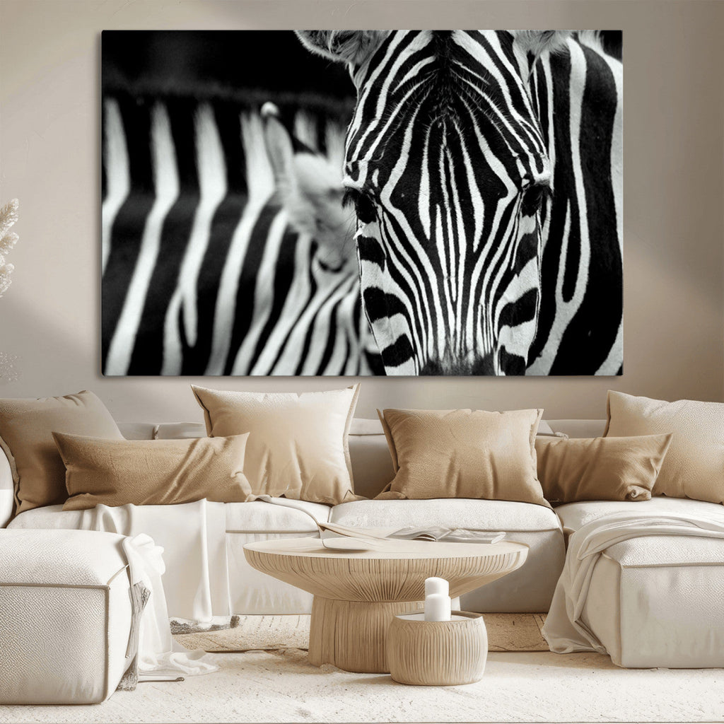 Zebra Wall Art | Zebra Close Up Canvas Print | Framed Black and White Wildlife