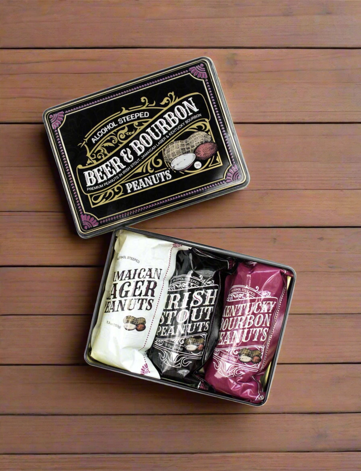 Beer & Bourbon Liquor Peanuts Gift Tin – Gourmet Snack Trio