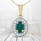 14K Yellow Gold 6x4mm Emerald and 1/5 Cttw Round Diamond Halo Pendant 18" Necklace - (H-I Color, SI1-SI2 Clarity)