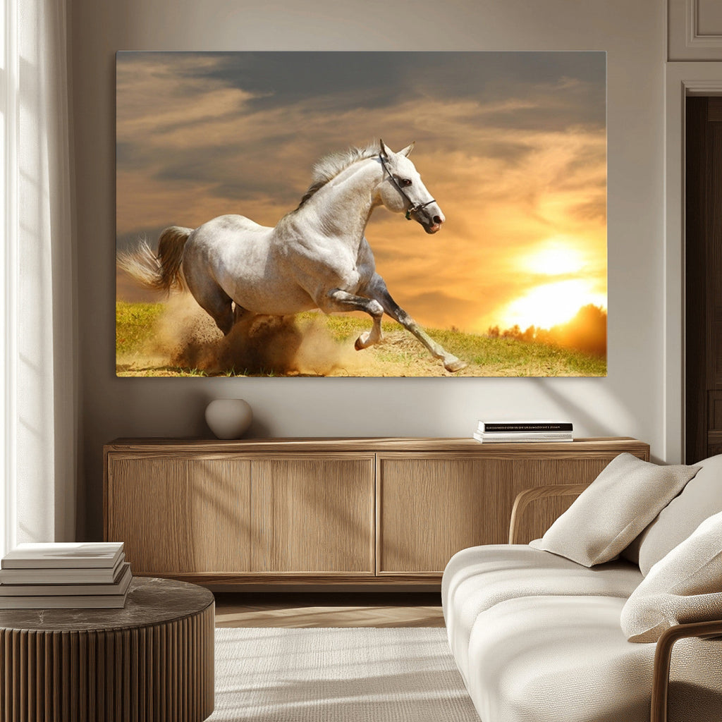 Large Wall Art Galloping White Horse at Sunset Canvas Print