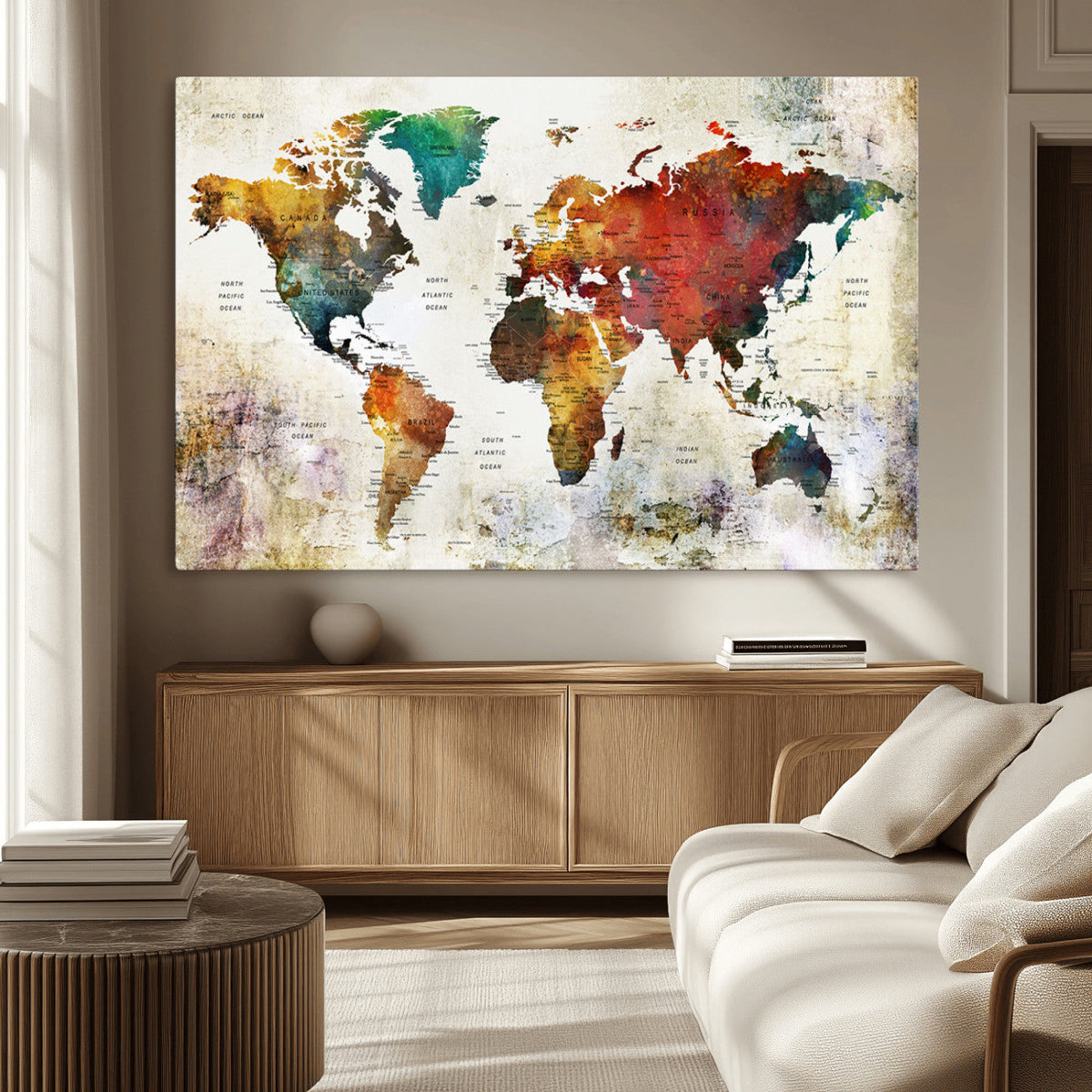 Watercolor World Map Canvas Print | Framed Travel Map Wall Art for Couples