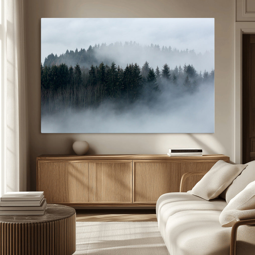 Autumn and Misty Trees in the Forest Wall Art Canvas Print, Foggy Forest Mountain Wall Art