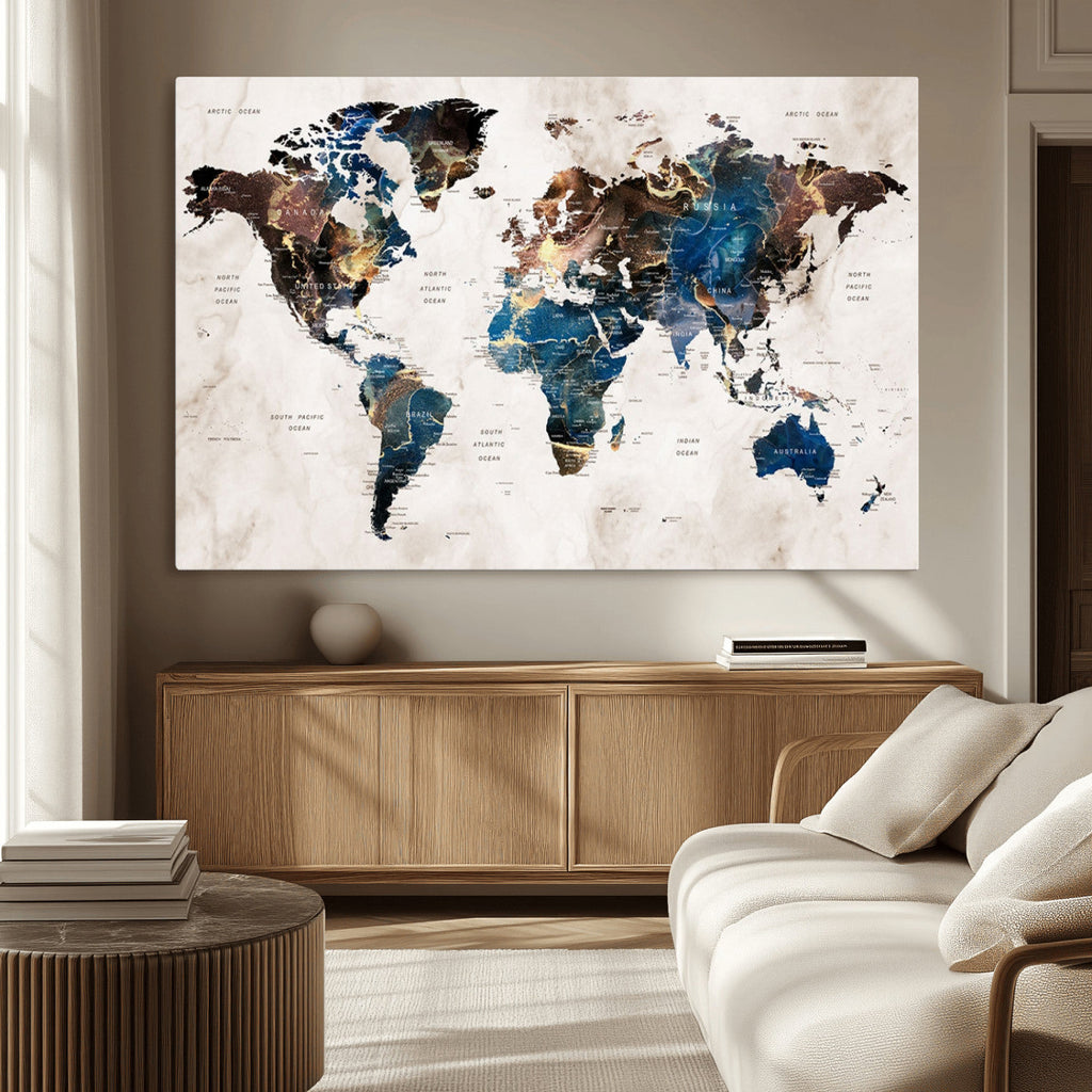 Abstract Earth Tone Blue World Map Canvas Print | Framed Travel Map Wall Art