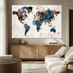 Abstract Earth Tone Blue World Map Canvas Print | Framed Travel Map Wall Art