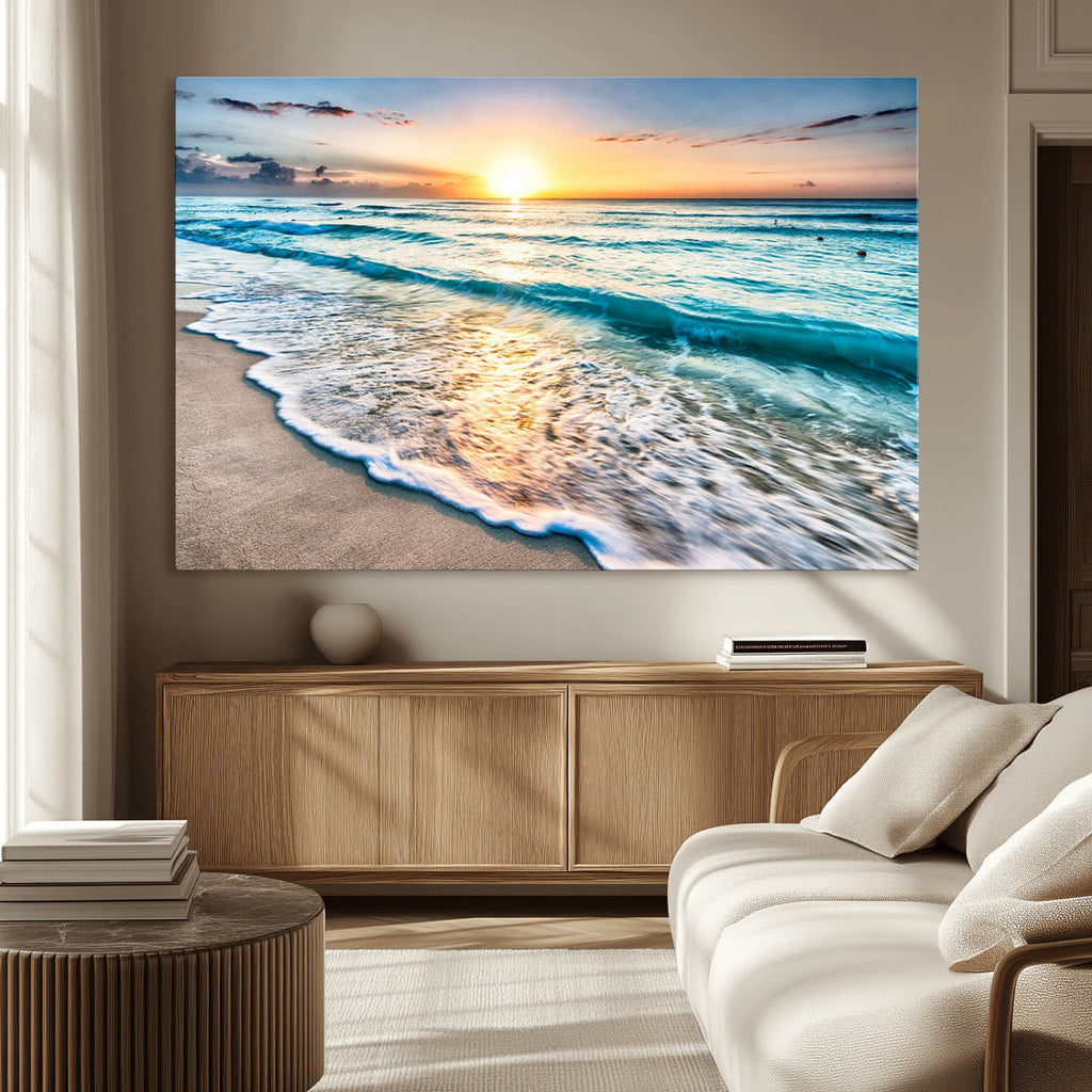 Sunset Beach Waves Canvas Wall Art | Ocean Sunset Coastal Print