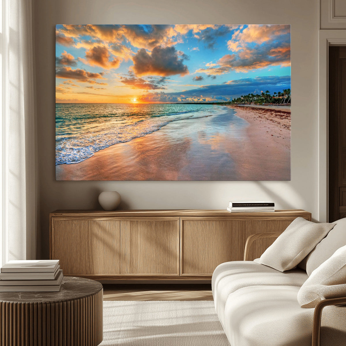 Sunset Beach Canvas Wall Art | Tropical Triptych Seascape Print