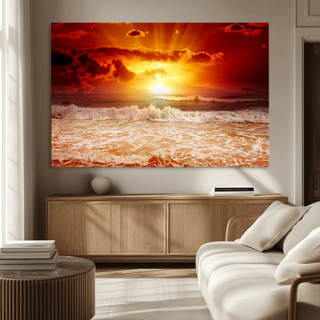 Red Sunset Ocean Beach Canvas Wall Art, Coastal Sunset Print