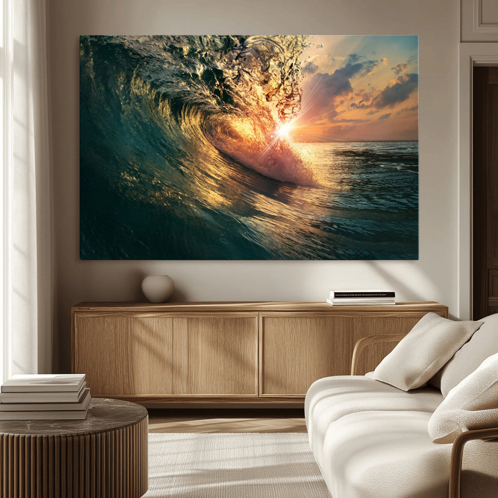 Ocean Wave Sunset Canvas Wall Art | Triptych Seascape Print