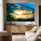 Ocean Wave at Sunset Canvas Art, Large Wall Print of Vibrant Surfing Wave