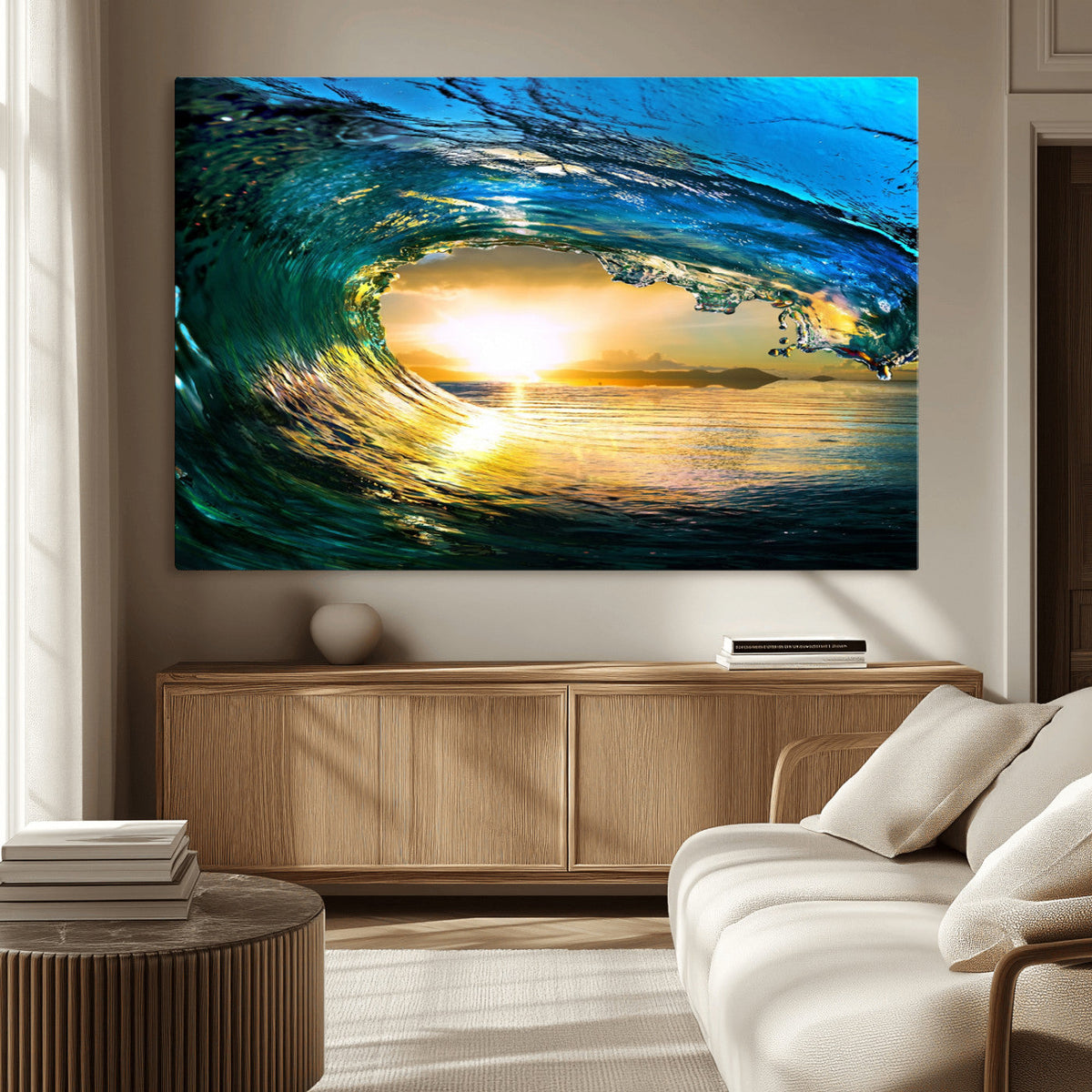 Ocean Wave at Sunset Canvas Art, Large Wall Print of Vibrant Surfing Wave