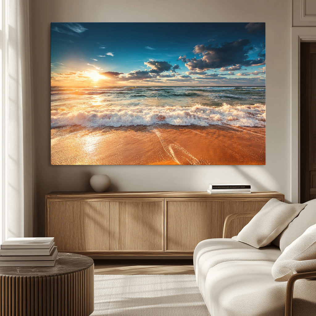 Golden Sunset Beach Triptych Canvas Art, Giclee Coastal Wall Decor, Ocean Waves Print